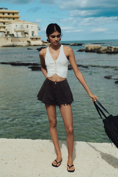 Frayed-Edge Denim Shorts