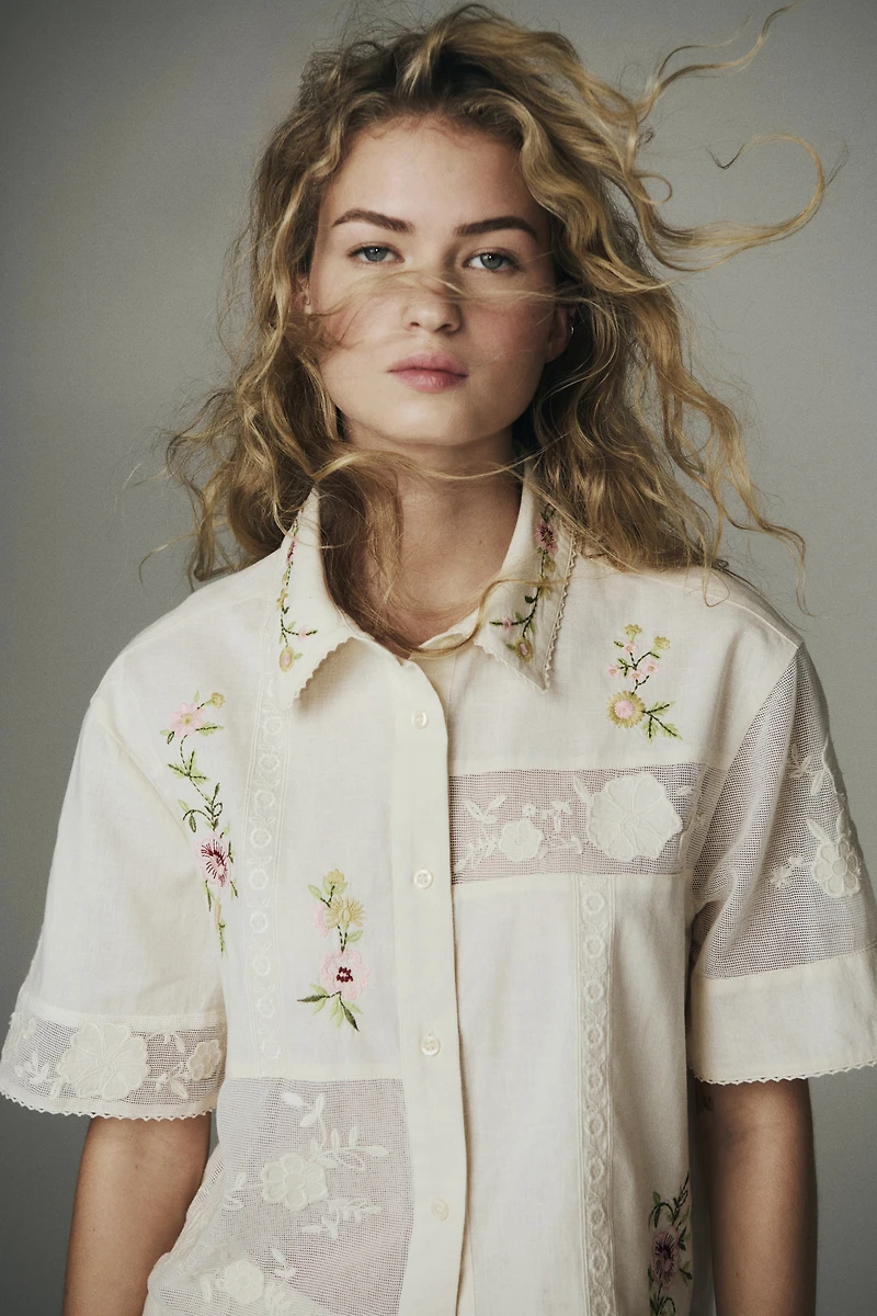 Linen-Blend Pajama Shirt