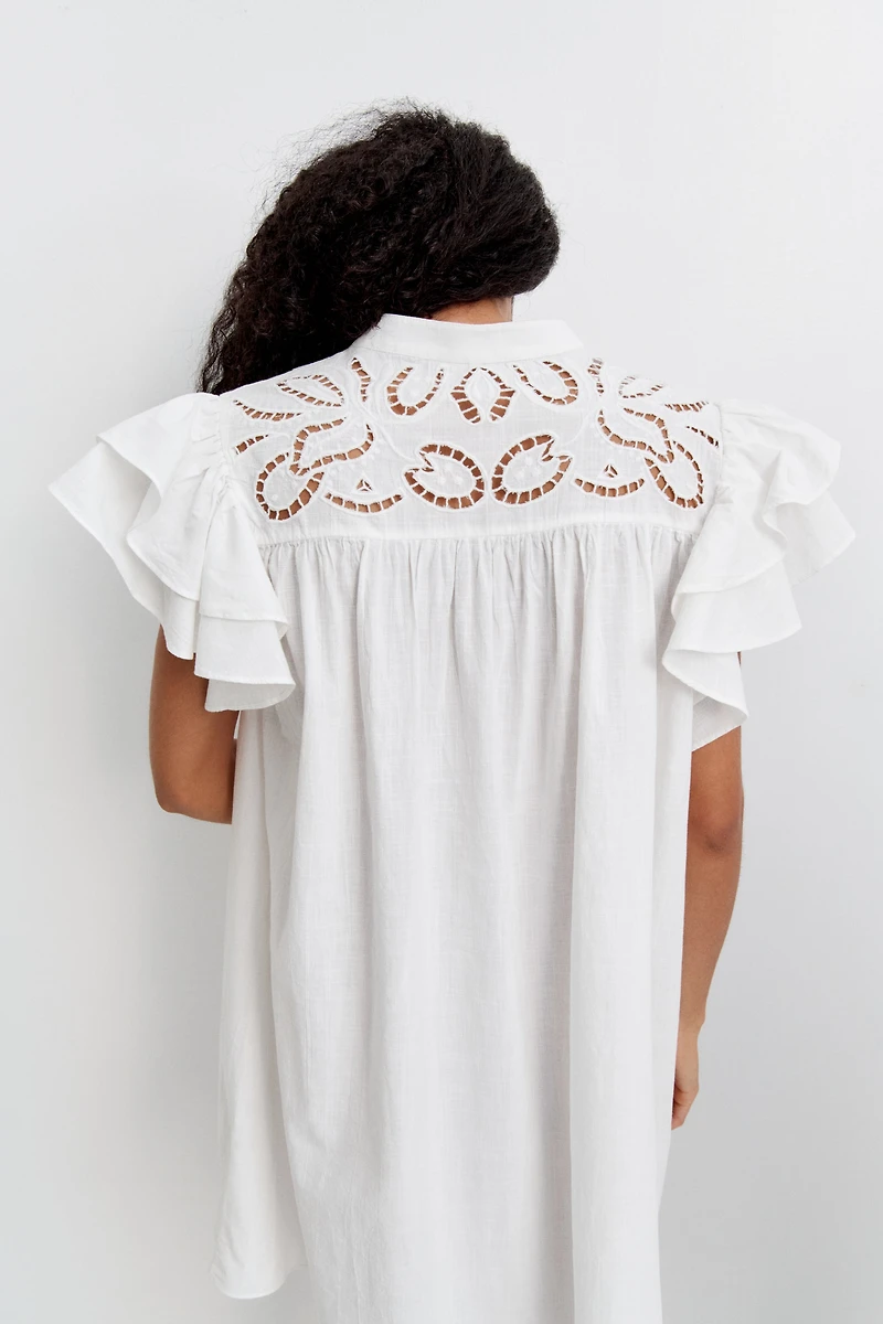 Flutter-Sleeve Dress with Eyelet Embroidery