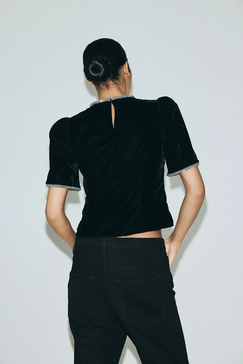 Rhinestone-Embellished Velvet Top