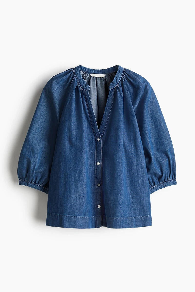 Balloon-Sleeved Denim Blouse