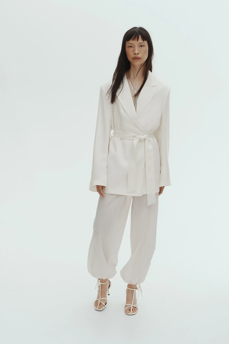 Textured-Weave Tie-Belt Blazer