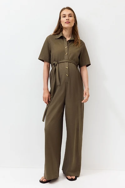 MAMA Short-Sleeved Tie-Belt Jumpsuit