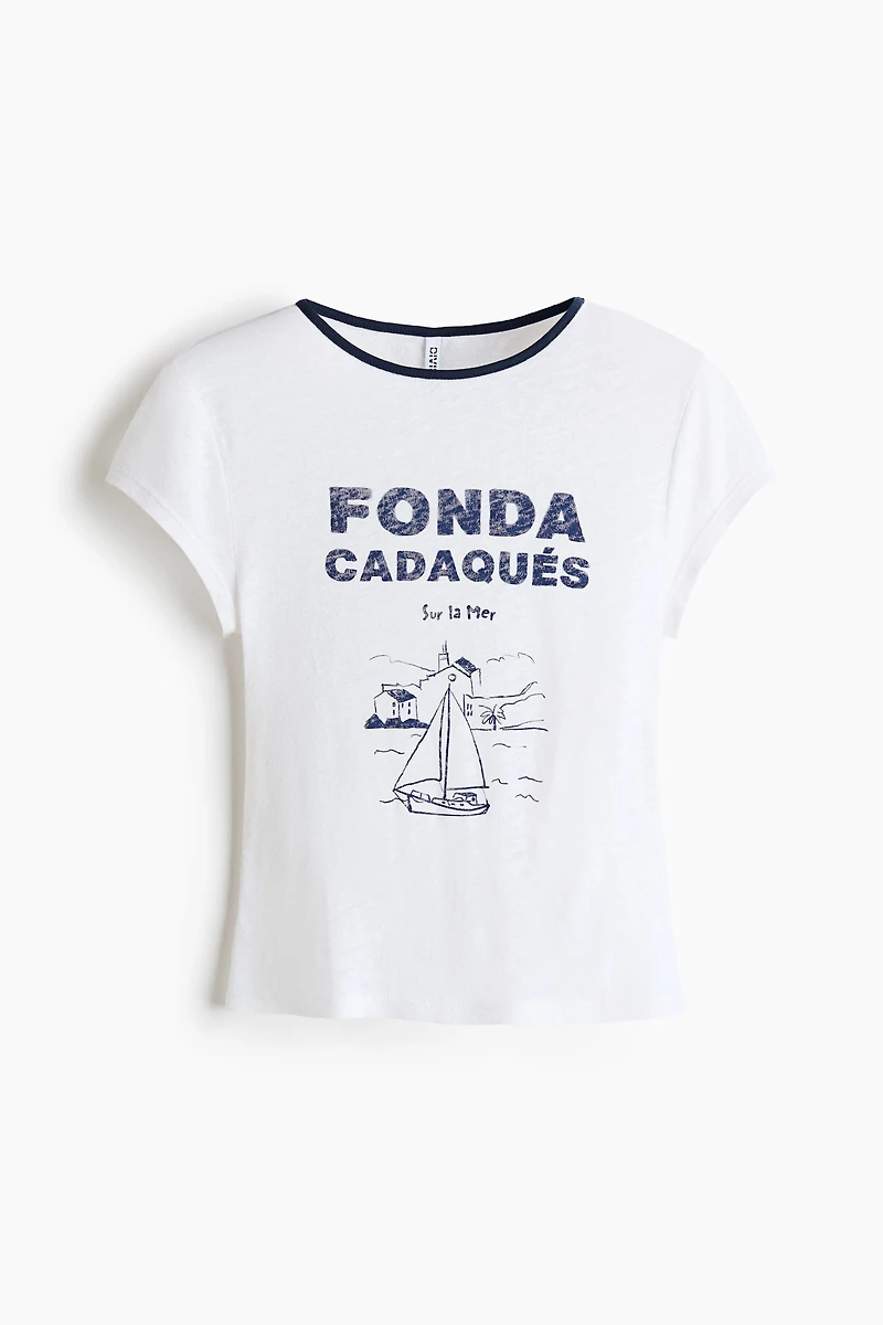 Linen-Blend Print-Motif T-Shirt