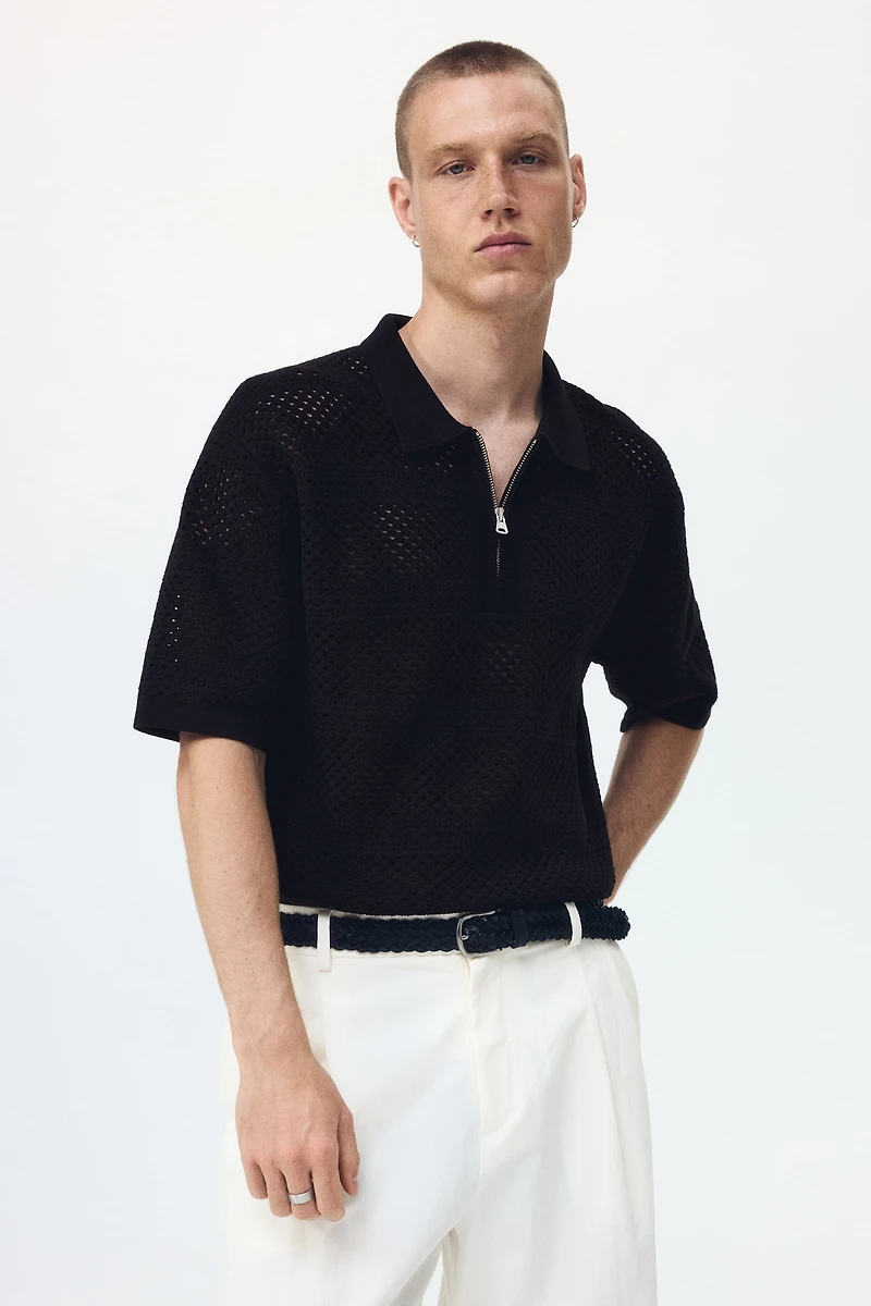 Relaxed-Fit Open-Knit Polo Shirt