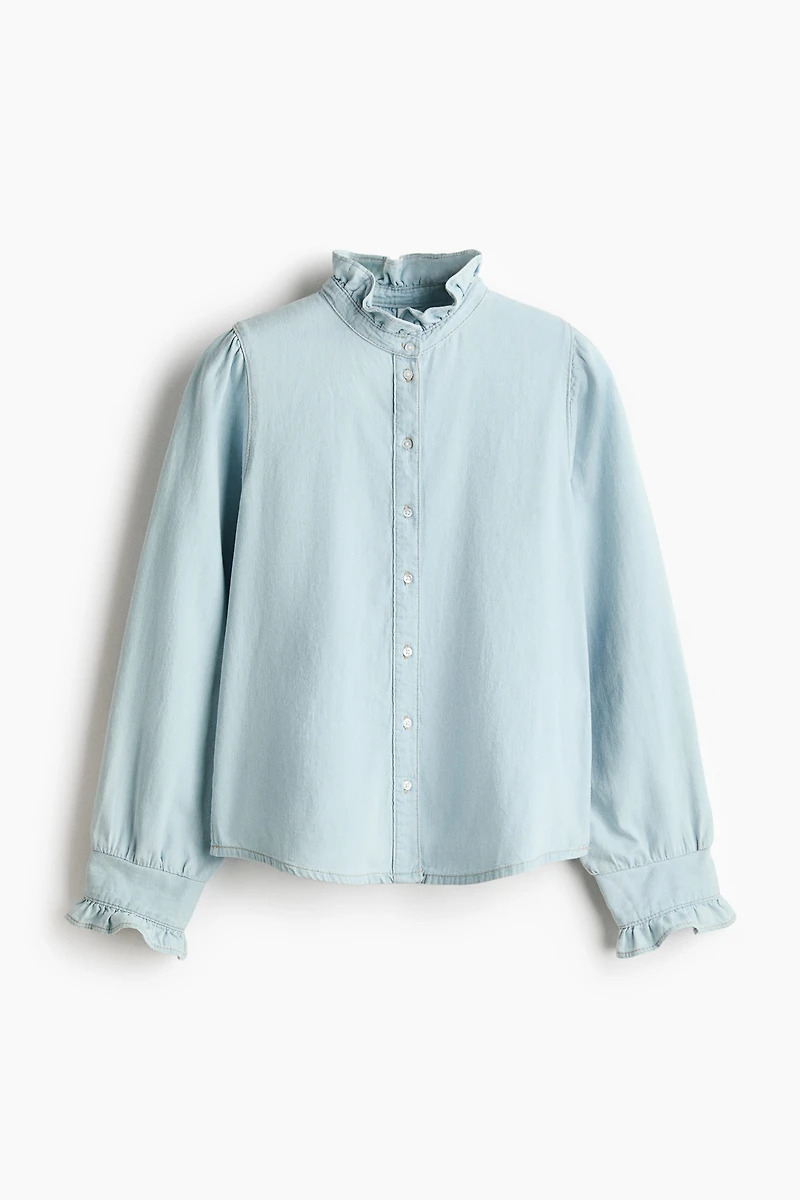 Ruffle-Trimmed Denim Blouse