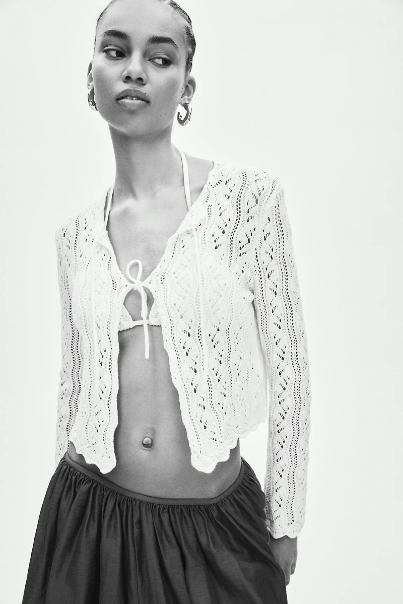 Pointelle-Knit Tie-Front Cardigan