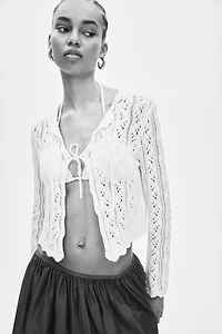 Pointelle-Knit Tie-Front Cardigan