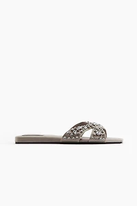 Rhinestone-Embellished Satin Sandals