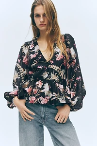 Linen-Blend Peplum Blouse