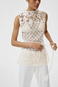Crochet-Look Top with Tie Belt