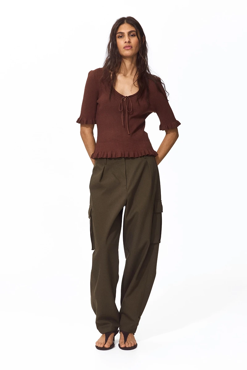 Ruffle-Trimmed Rib-Knit Top