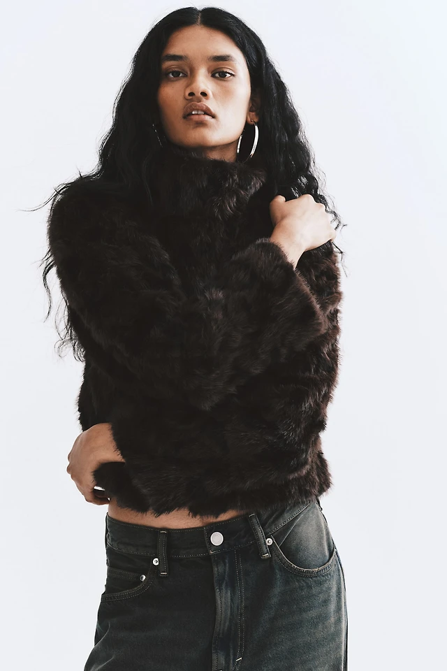 Fluffy Jacket with Funnel Collar