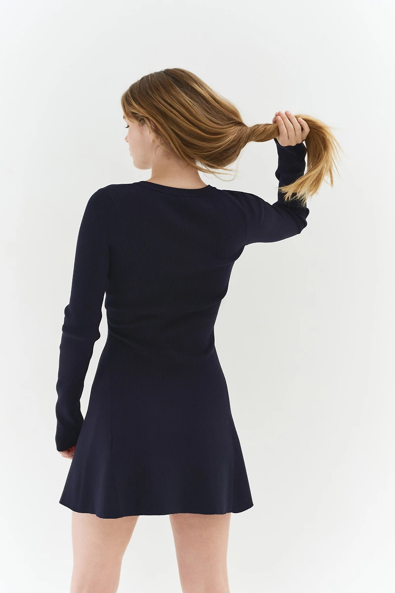 Rib-Knit Dress with Flared Skirt