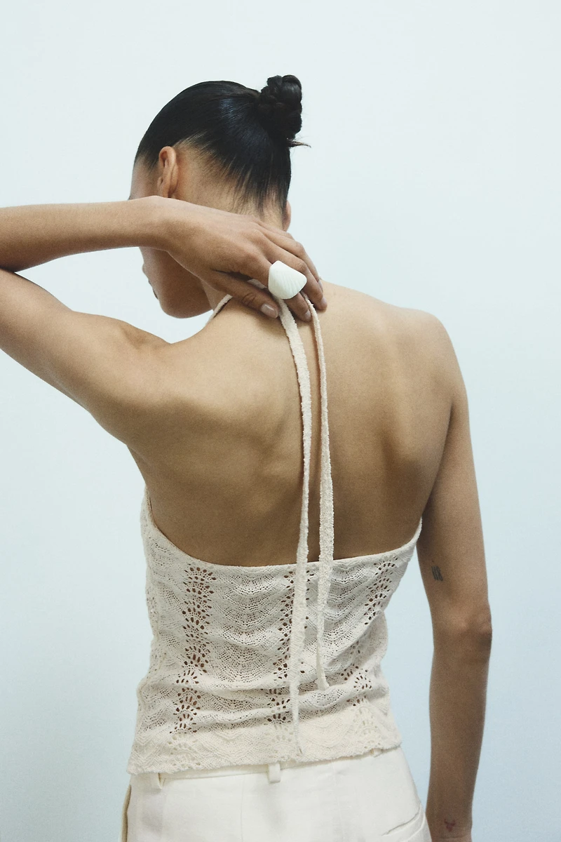 Pointelle-knit Halterneck Top