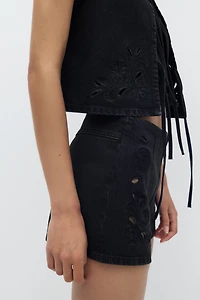 Eyelet-Embroidered Denim Shorts