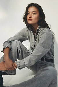 Ruffle-Trimmed Denim Blouse