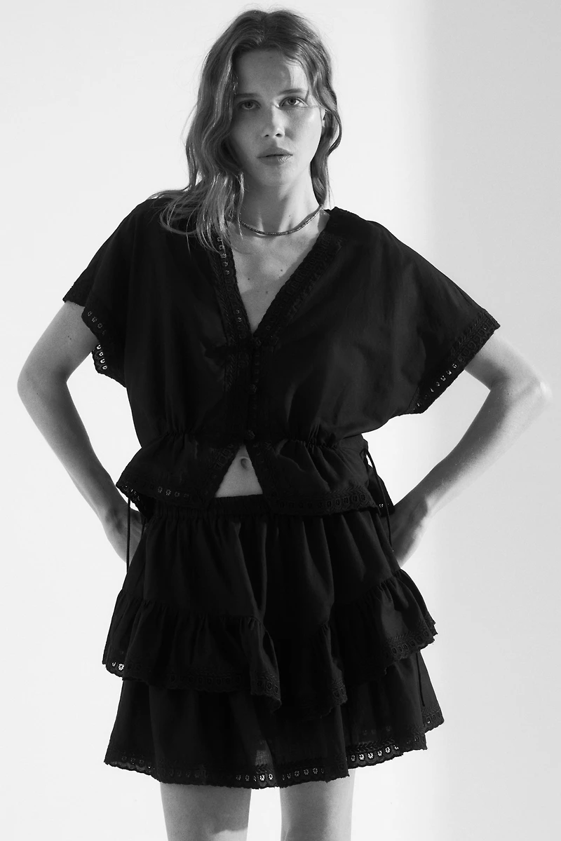 Button-Front Top with Eyelet Embroidery