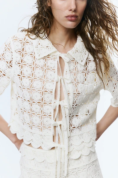 Tie-Front Crochet-Look Shirt