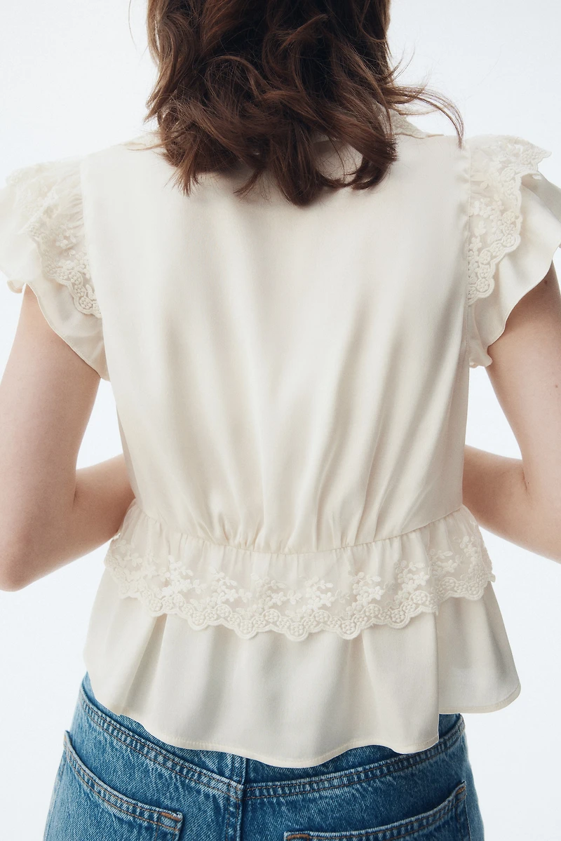 Flounce-Trimmed Satin Blouse