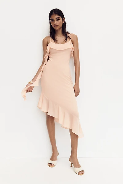 Flounced Dress with Tie Shoulder Straps