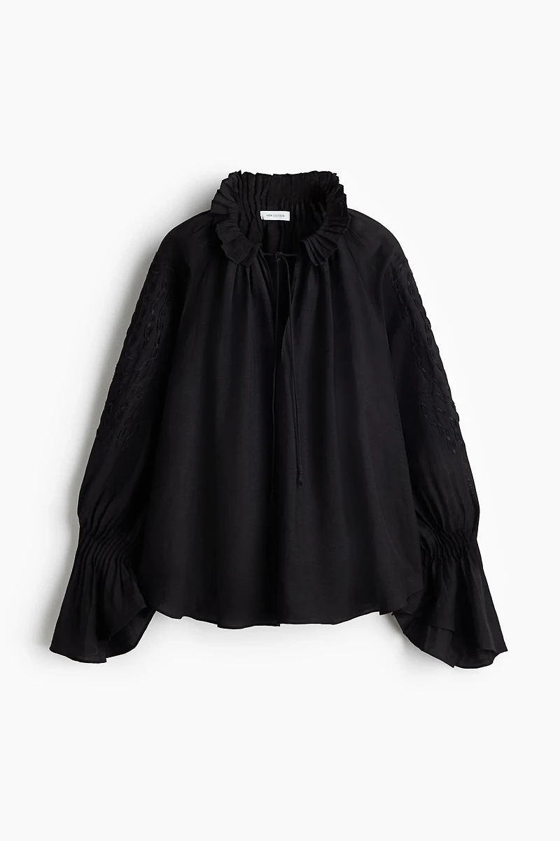 Linen-Blend Blouse with Embroidery