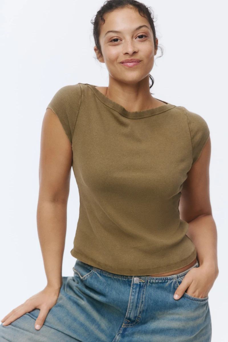 Rib-Knit Boat-Neck Top