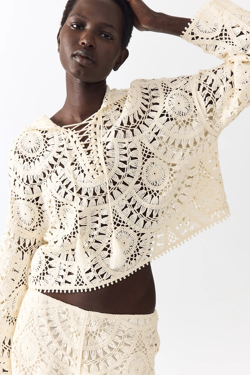 Crochet-Look Lace-Up Hoodie