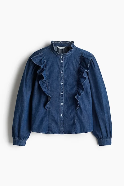 Ruffle-Trimmed Denim Blouse