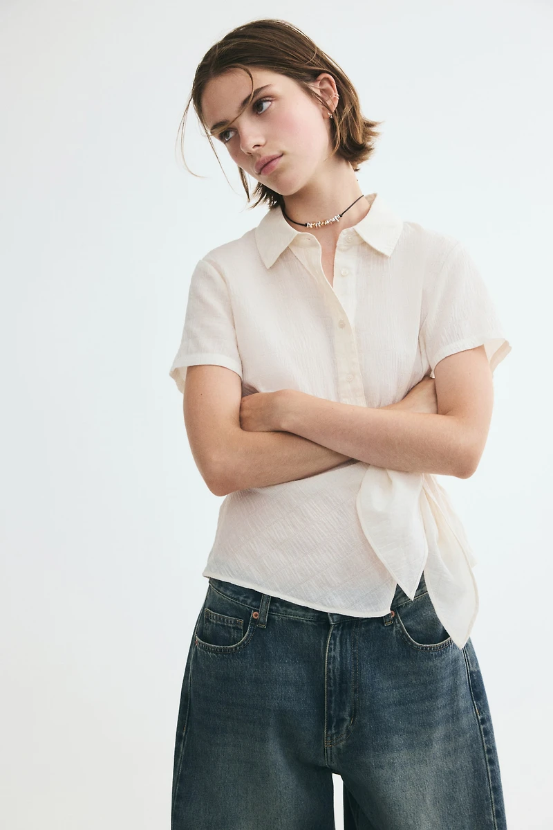 Smocked Tie-Detail Shirt