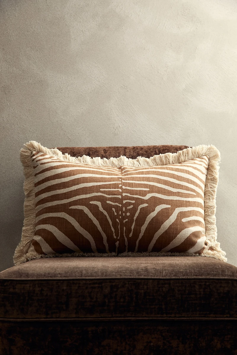 Linen-Blend Cushion Cover with Fringe