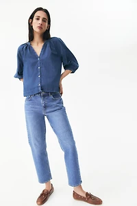 Balloon-Sleeved Denim Blouse