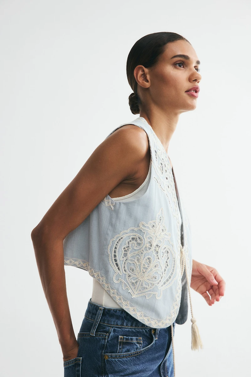 Linen-Blend Vest with Eyelet Embroidery