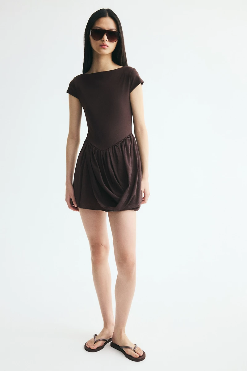 Dual-Fabric Draped-Panel Dress