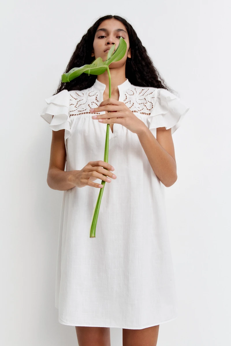 Flutter-Sleeve Dress with Eyelet Embroidery