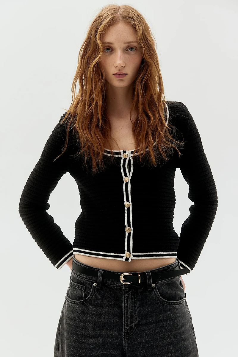 Textured-Knit Low-Cut Cardigan