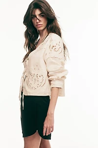 Linen-Blend Eyelet-Embroidered Jacket