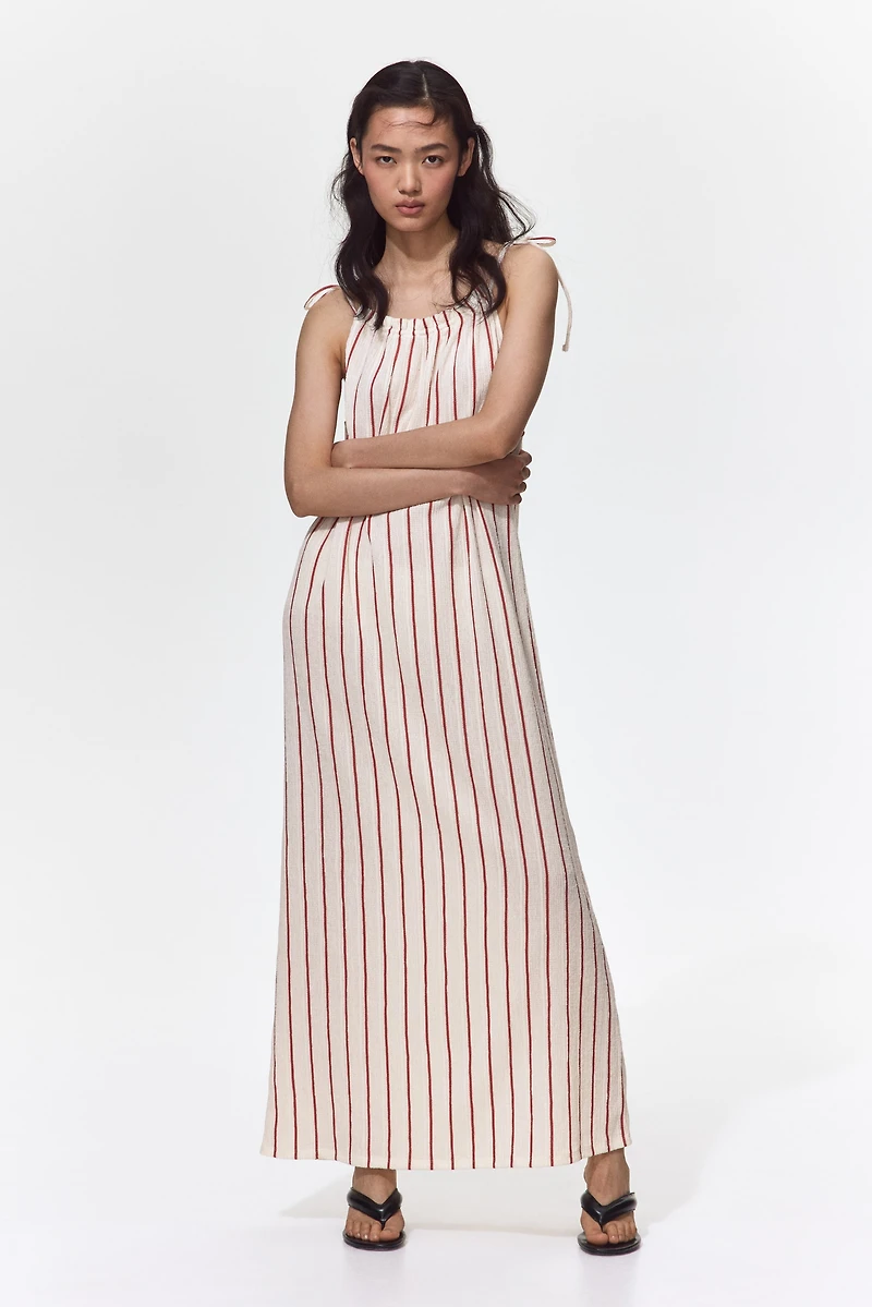 Crinkled Dress with Tie Shoulder Straps