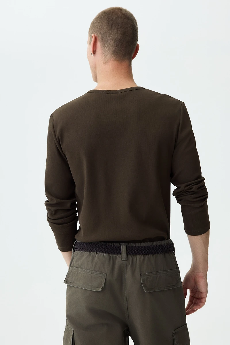 Slim-Fit Ribbed Henley Shirt