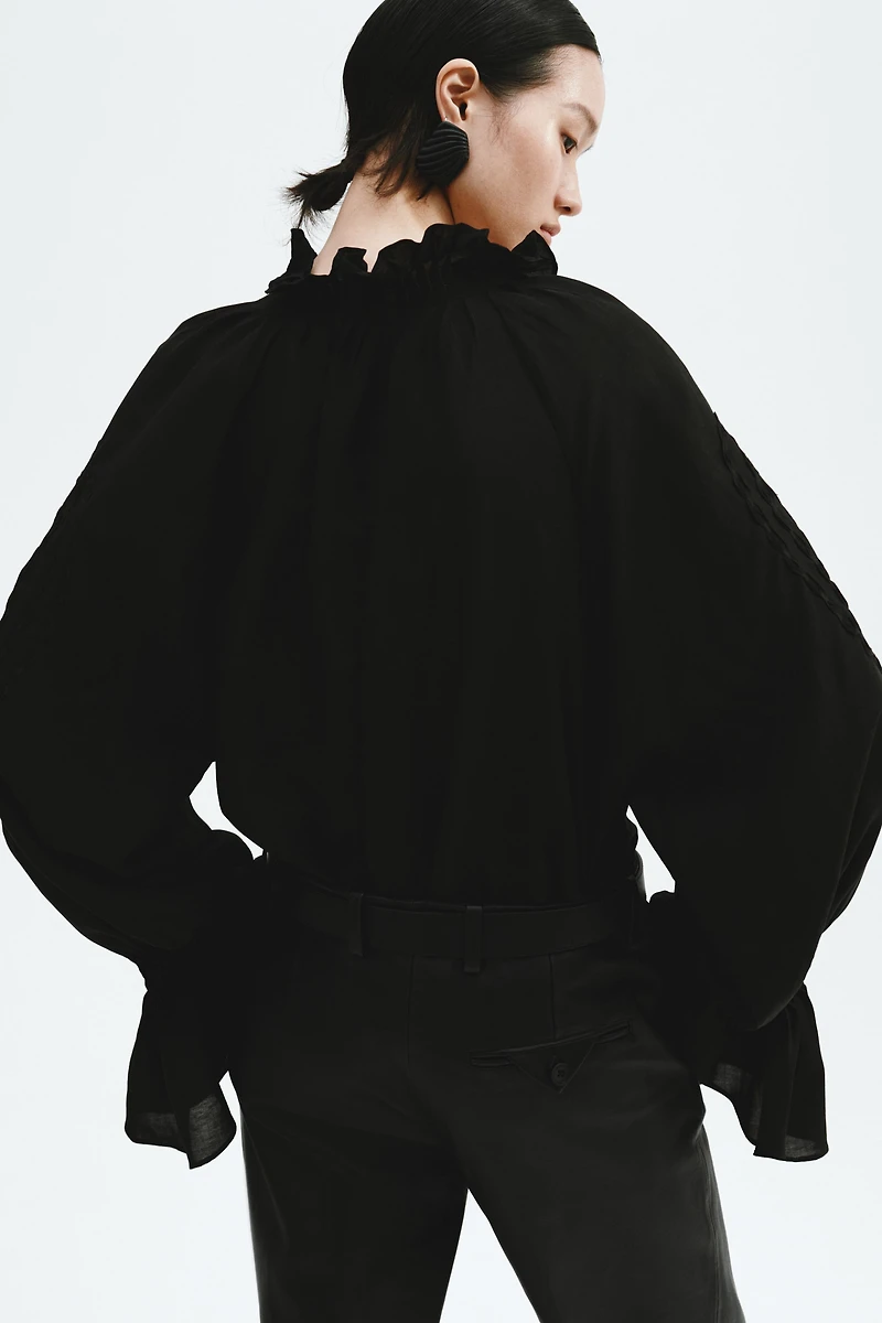 Linen-Blend Blouse with Embroidery