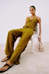 Linen-Blend Cutout Pants