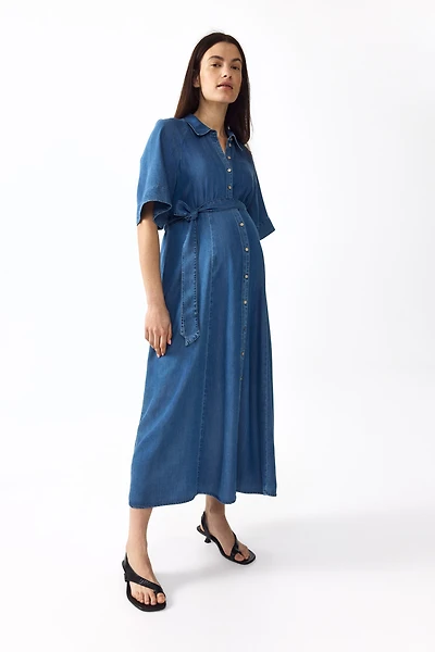 MAMA Tie-Belt Denim Dress