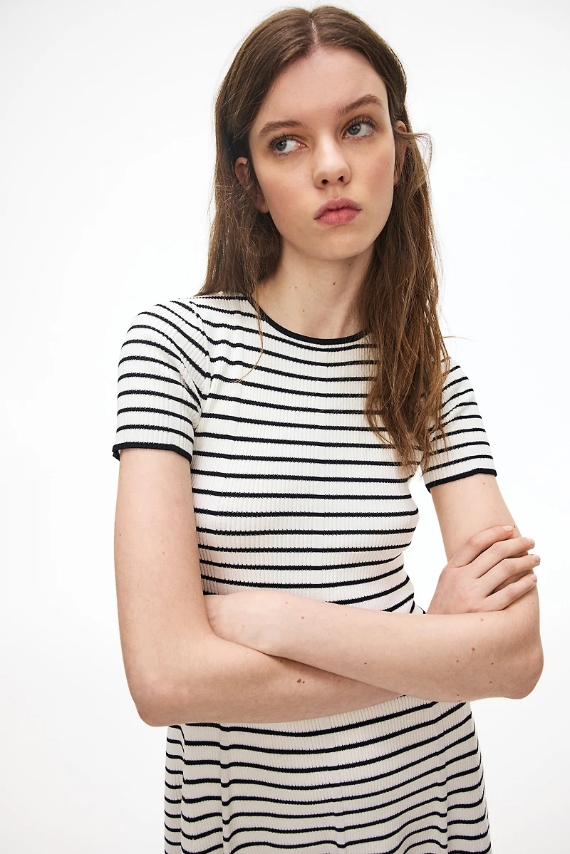 Rib-Knit Dress with Flared Skirt