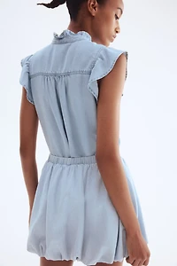 Ruffle-Trimmed Denim Blouse