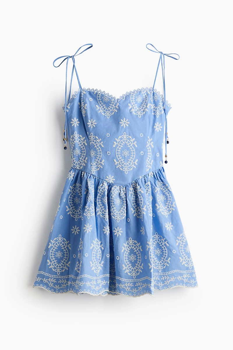 Embroidered Dress with Tie Shoulder Straps