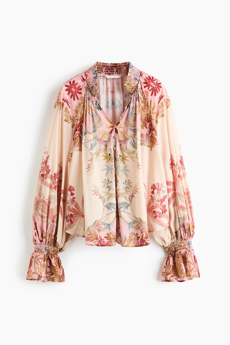 Button-Front Balloon-Sleeved Blouse