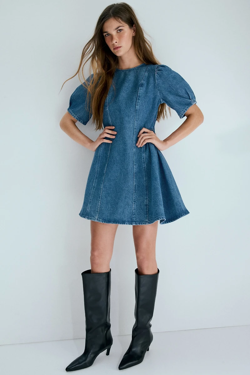 Flared-Skirt Denim Dress