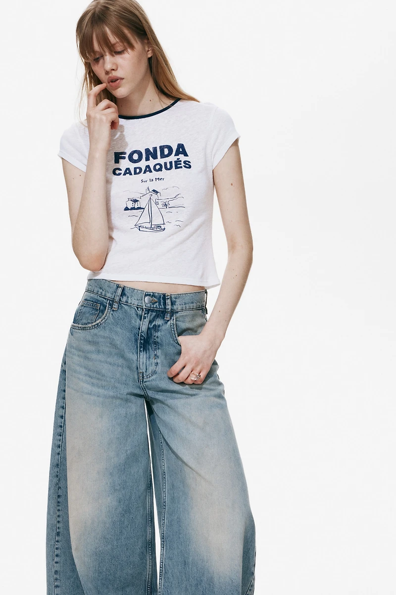 Linen-Blend Print-Motif T-Shirt