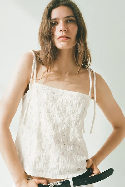 Jacquard-Weave Tie Shoulder Strap Top