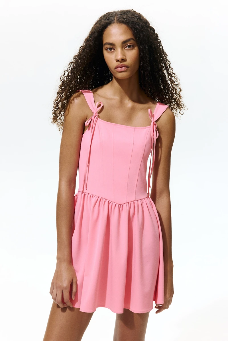Flared-Skirt Tie-Detail Dress